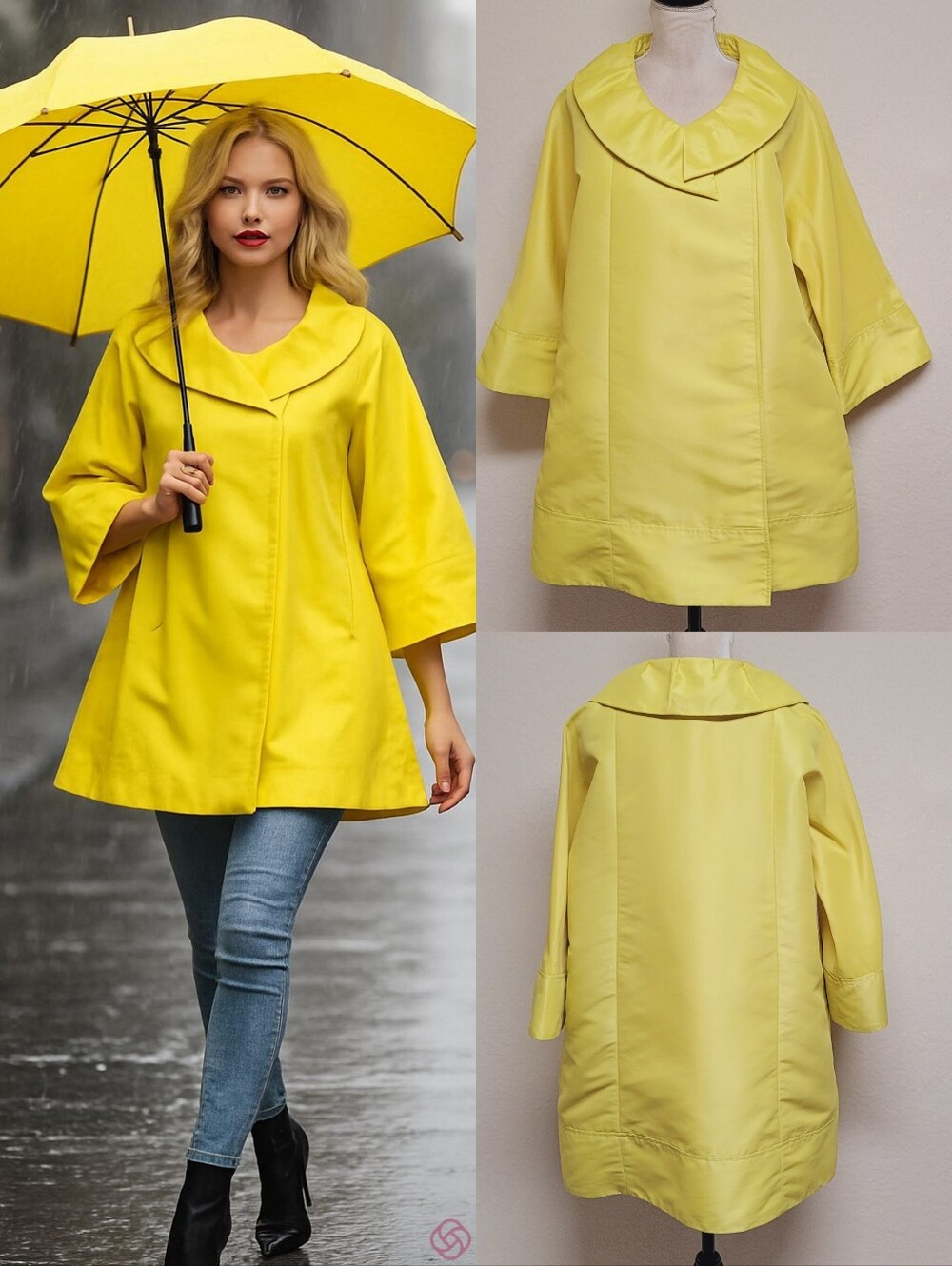 Nine West Yellow Mod Pleated Collar Three-quarter Bell Sleeve Oversized Raincoat - Picture 1 of 12